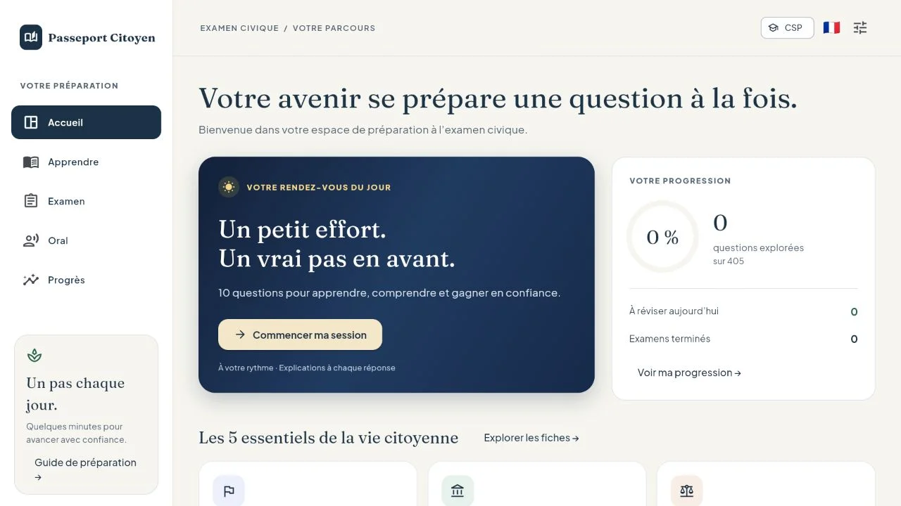 Aperçu de l’application Passeport Citoyen : espace de préparation et navigation entre les entraînements.